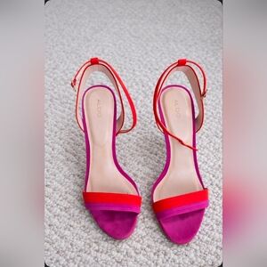 Aldo Pink and Red Two-Tone Suede Ankle-Strap Heels